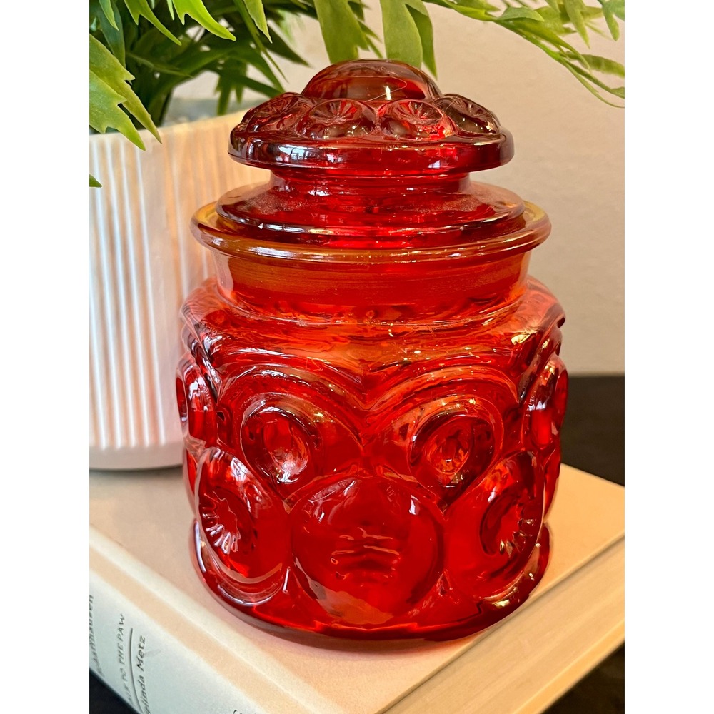 Vintage LE Smith Moon Stars Amberina Red Glass Covered Jar Canister 1960s
